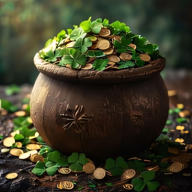 A pot full of green clovers and gold coins on a smudged background Green fourleaf clover symbol of St Patricks Day