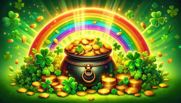 Photo pot of gold coins clover leaves and rainbow on green background st patricks day banner