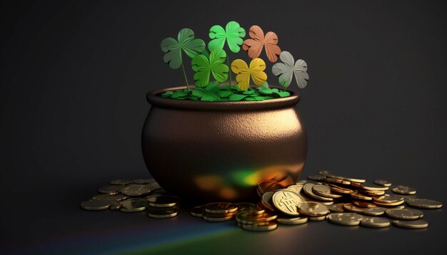 Pot of gold coins clover leaves and rainbow St Patrick's day concept Ai generative