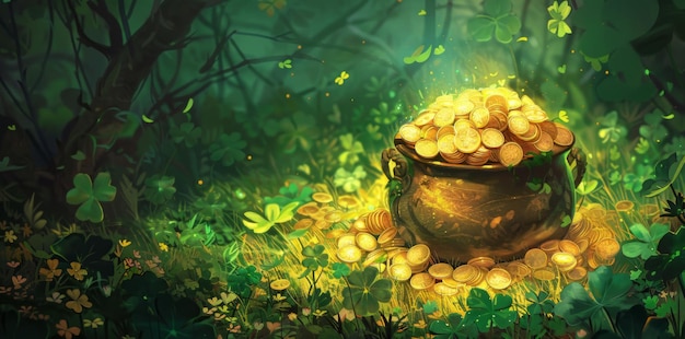 Pot of Gold Coins in Grass