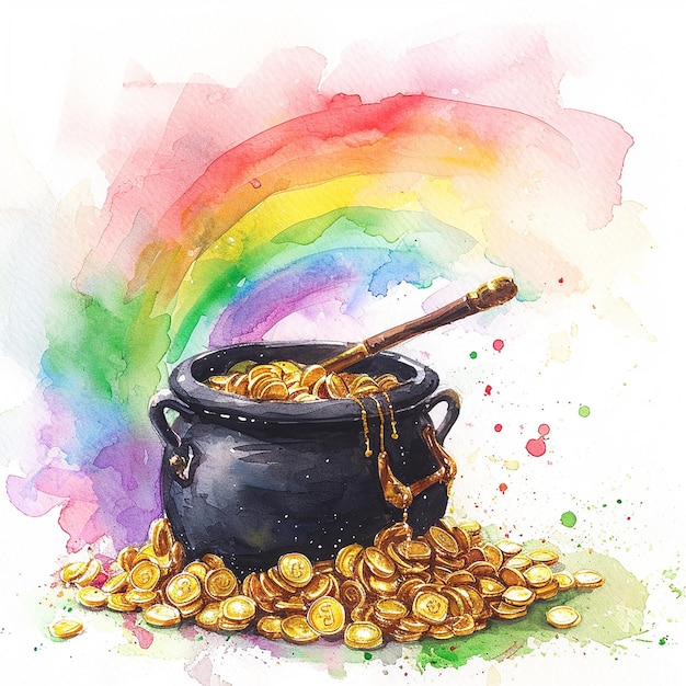 Photo a pot of gold and a rainbow watercolor illustration on white background