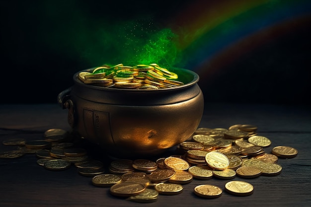 A pot of gold sits on a table with a green smoke coming out of it.