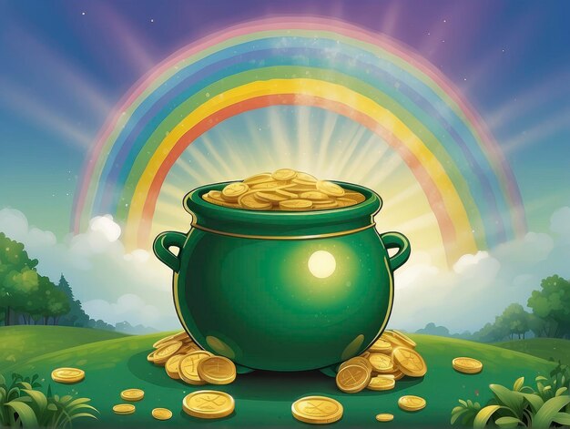 a pot of gold sitting on top of a lush green field under a rainbow