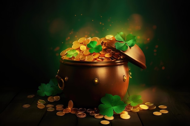A pot of gold with four leaves and clovers on it Generative AI