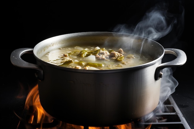 A pot of green chilies stewing in a skillet over fire