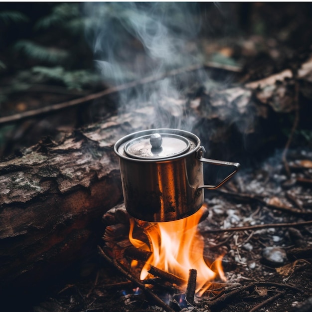 A pot of hot water on a campfire in the forest