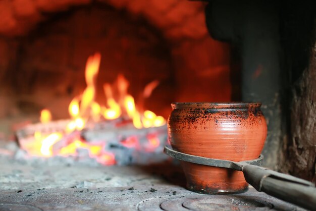 Pot in de oven met voedsel de ovenvork