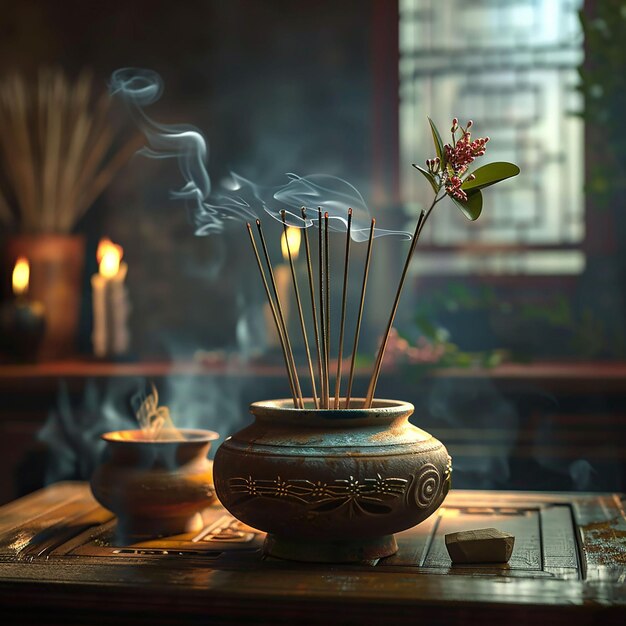 a pot of incense is on a table with a flower in the middle