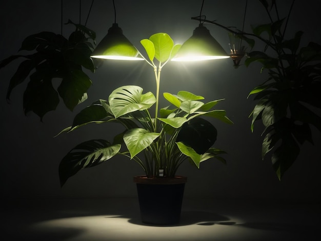 Фото Подсветка горшка с потолка освещает растение