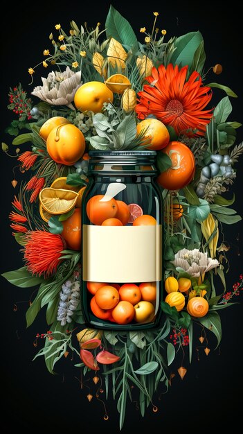 Foto pot met fruit en bloemen op een zwarte achtergrond plat ontwerp