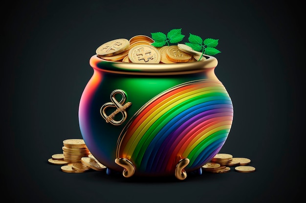 Pot met gouden munten hoefijzer en klaver verlaat St Patrick's Day concept