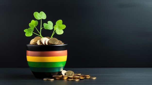 Pot met gouden munten met shamrocks op een groene achtergrond met regenboog