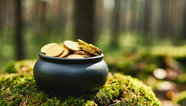 Pot met gouden munten op groene mosgrond in het bos Koncept van rijkdom en financieel succes