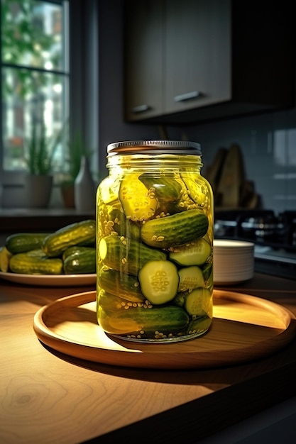 Pot met ingeblikte komkommerkruiden op een houten plank na het koken