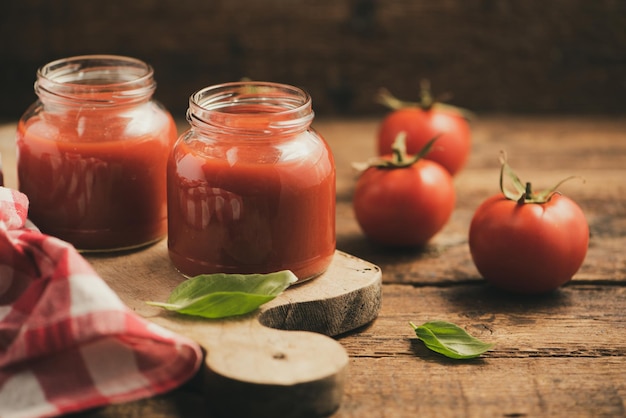 Pot met zelfgemaakte klassieke tomatensaus op houten tafel close-up