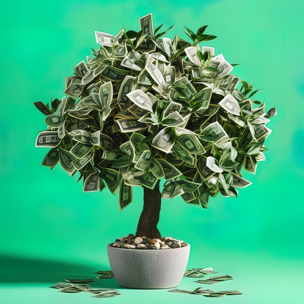 Photo a pot of money has a tree with the dollar bills on it