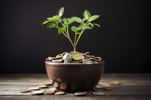 a pot of money with a plant growing out of it
