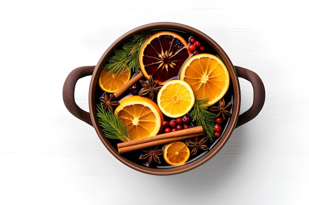 Pot of mulled wine traditional winter drink top view illustration Mulled red wine or punch drink with spices citrus slices cinnamon sticks and anise stars in pot on white background copy space