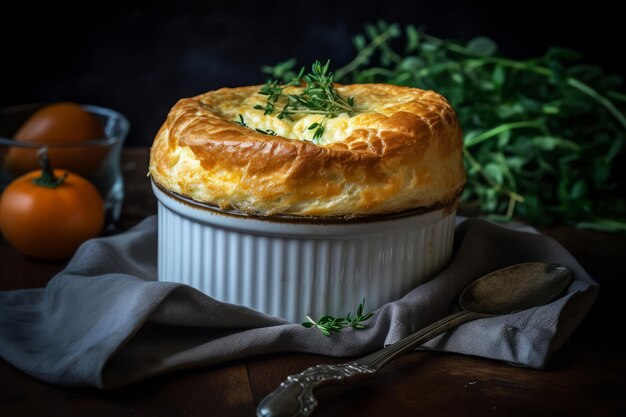 A pot pie with a creamy filling sits on a table with a spoon.