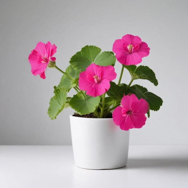 a pot of pink flowers with a green leaf