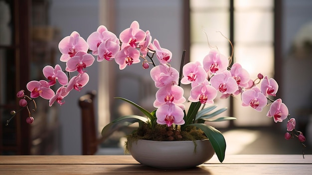 a pot of pink orchids sits on a table