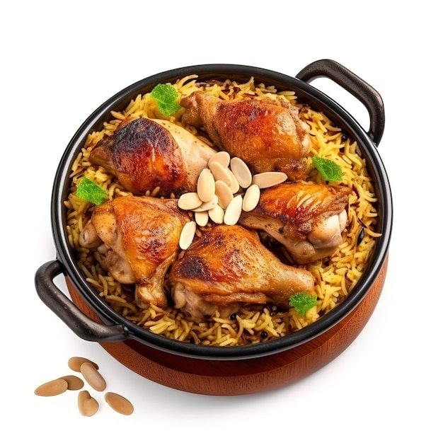 Photo a pot of rice with a chicken and seeds on it