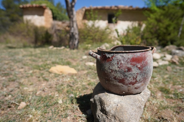 Photo a pot on a rock in front of a house