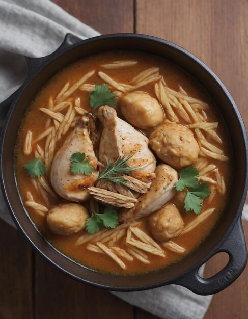 Photo a pot of soup with chicken and noodles and a piece of parsley