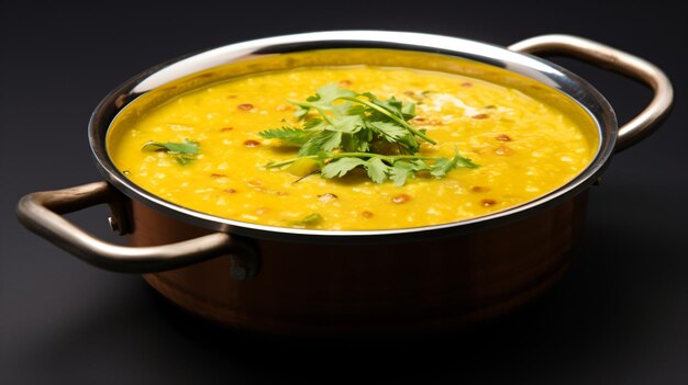 a pot of soup with a garnish on top