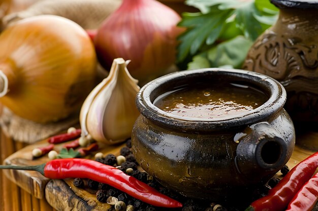 Photo a pot of soup with onions and a pot of soup