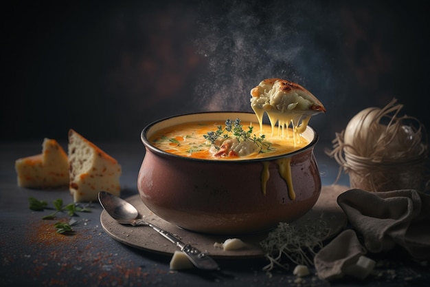 A pot of soup with a piece of bread in the background