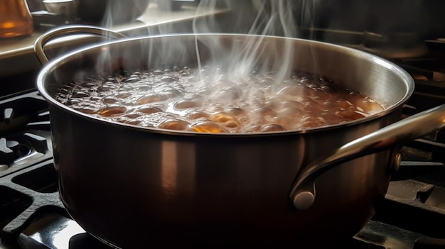 A pot of soup with steam coming out of it