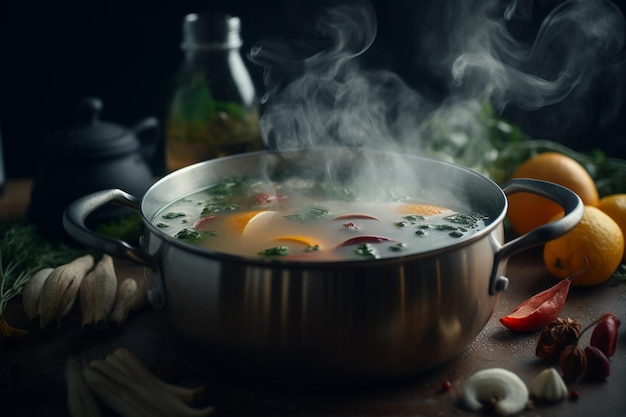 A pot of soup with a steam coming out of it