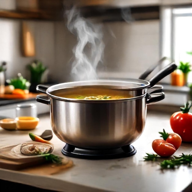 Foto una pentola di zuppa con una sostanza fumosa sulla stufa