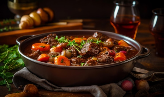 Photo pot of stew with carrots onions and meat in it generative ai