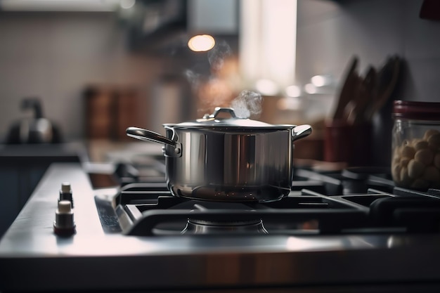 A pot on a stove with steam rising from the top.