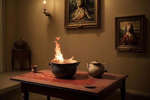 A Pot On A Table With A Flame Coming Out Of It