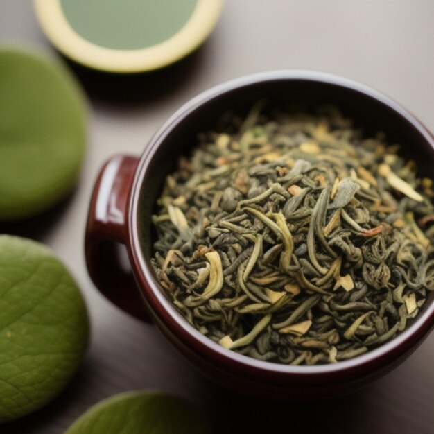 a pot of tea with a leaf that says " tea ".