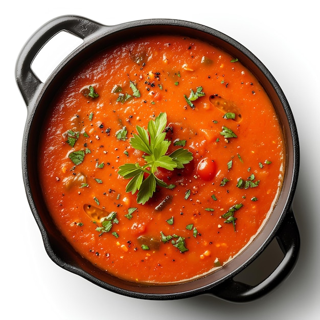 A pot of tomato soup with a garnish on top of it and a spoon in the bowl professional food