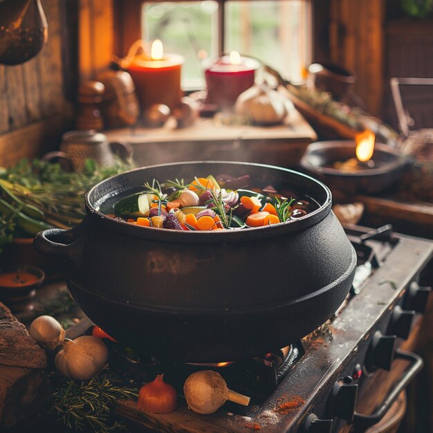 Photo a pot of vegetables on a stove with a window in the background generative ai