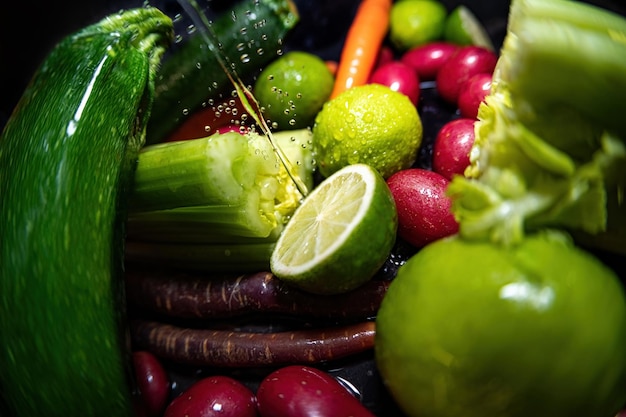 A pot of vegetables with a lemon and cucumber