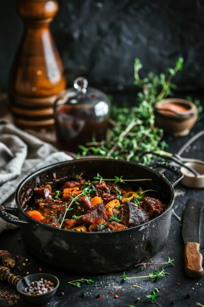 Pot with baked season vegetables