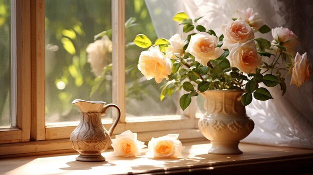 A pot with flowers on the windowsill