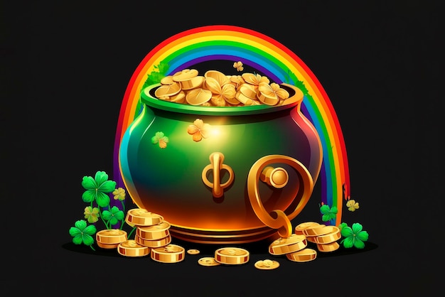 Pot with gold coins horseshoe and clover leaves St Patrick's Day concept