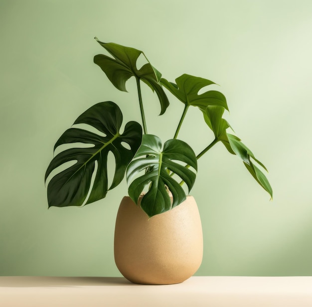 a pot with a monstera plant on top