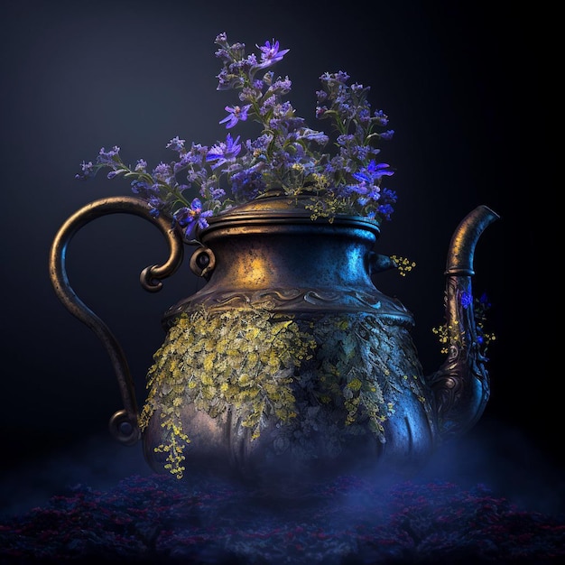 A pot with a plant in it that is on a dark background.