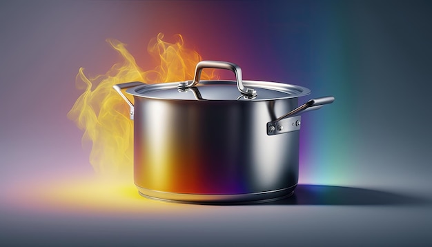 A pot with a rainbow colored lid sits on a fire.