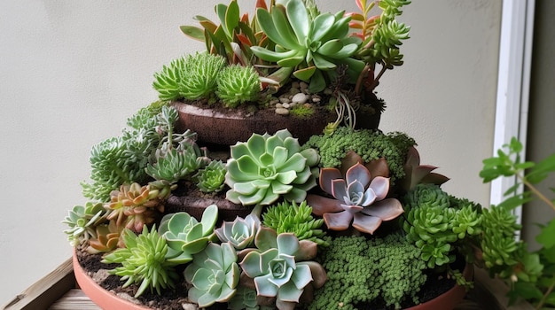 A pot with succulents and other plants