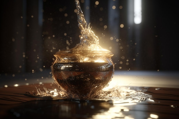 A pot with water and a gold liquid on it