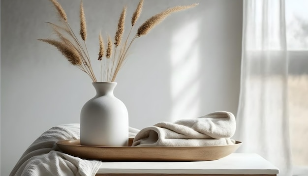 горшок с пшеницей, современный дизайн интерьера, растение в горшке, 3d визуализация, с местом для надписи